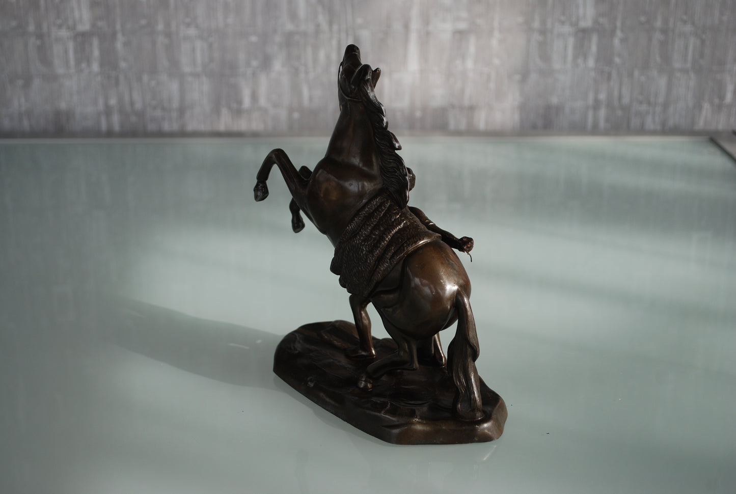 De strijd tussen een ongetemd paard en halfnaakte man met een atletisch figuur.