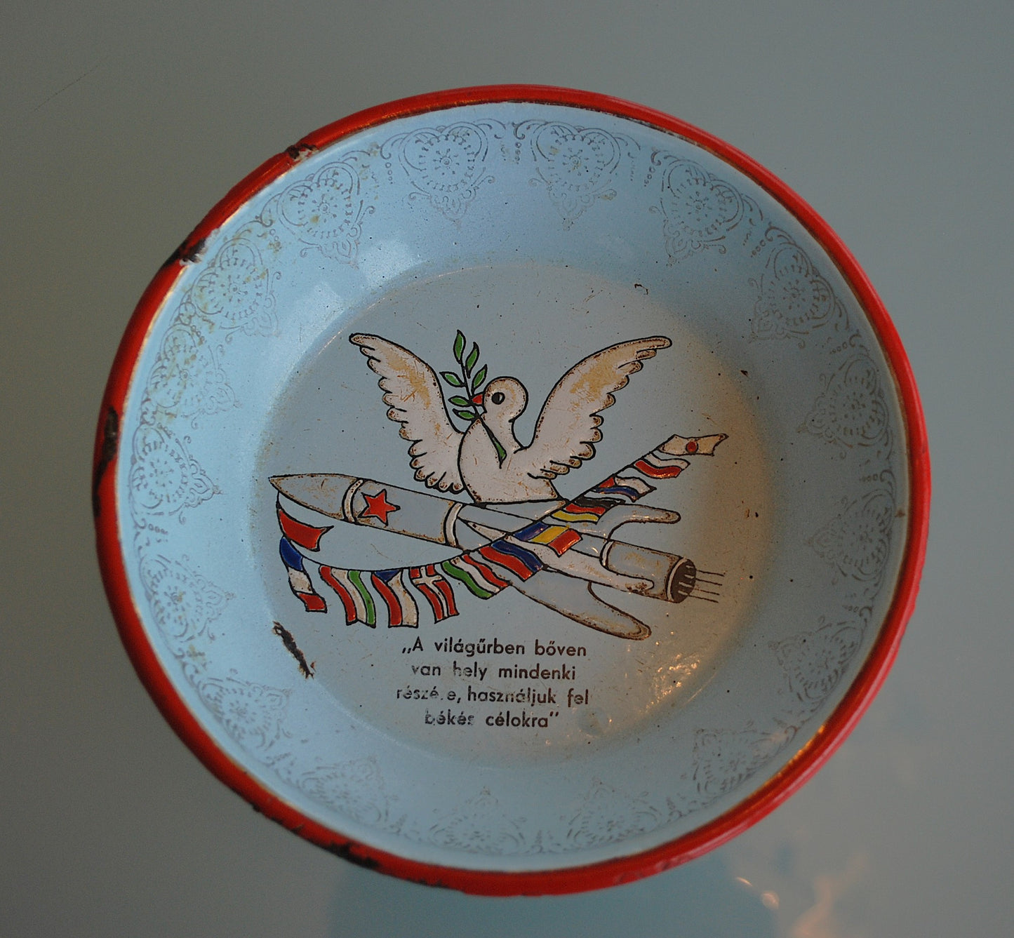 Enamel sign Space / Space Rocket with Dove of Peace