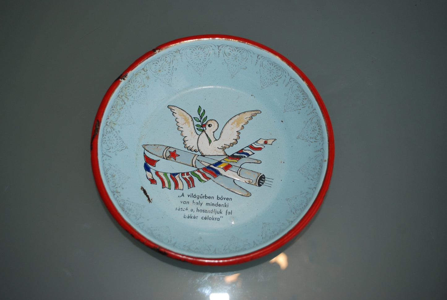 Enamel sign Space / Space Rocket with Dove of Peace