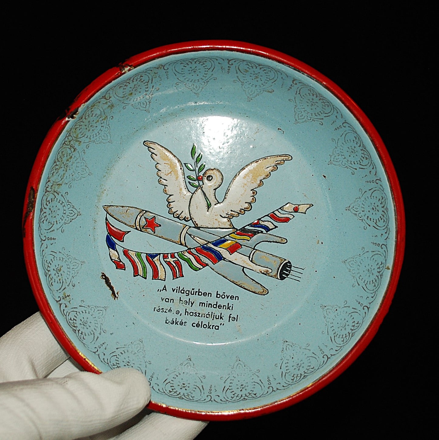 Enamel sign Space / Space Rocket with Dove of Peace