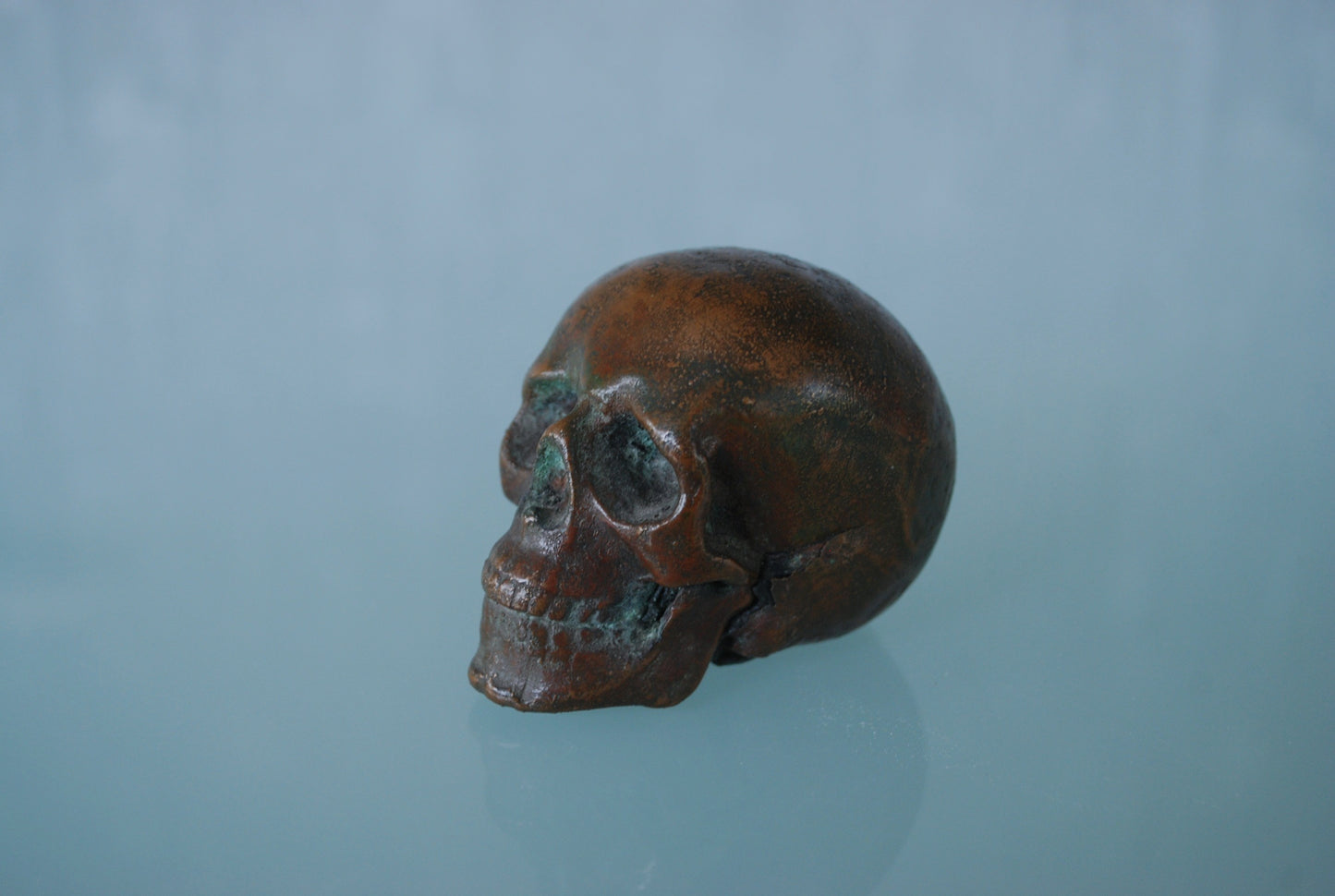 Oude schedel gemaakt van koper met prachtig patina *