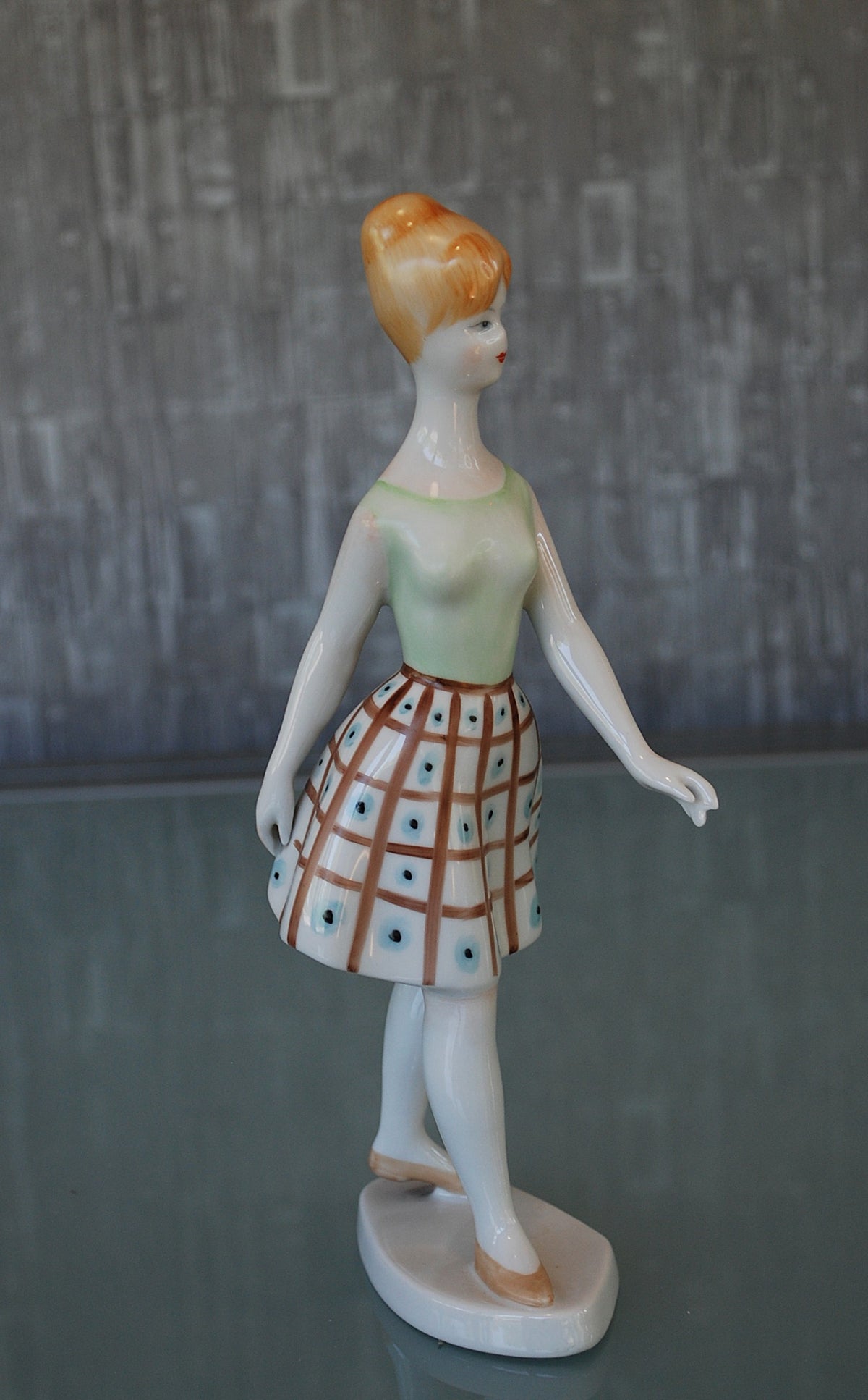 Woman Walking with Blue Polka Dot Dress *