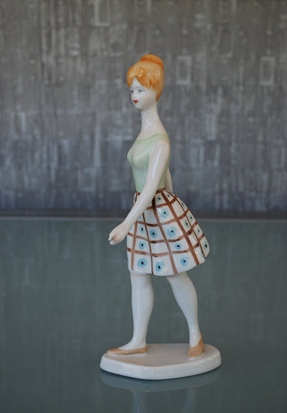 Woman Walking with Blue Polka Dot Dress *