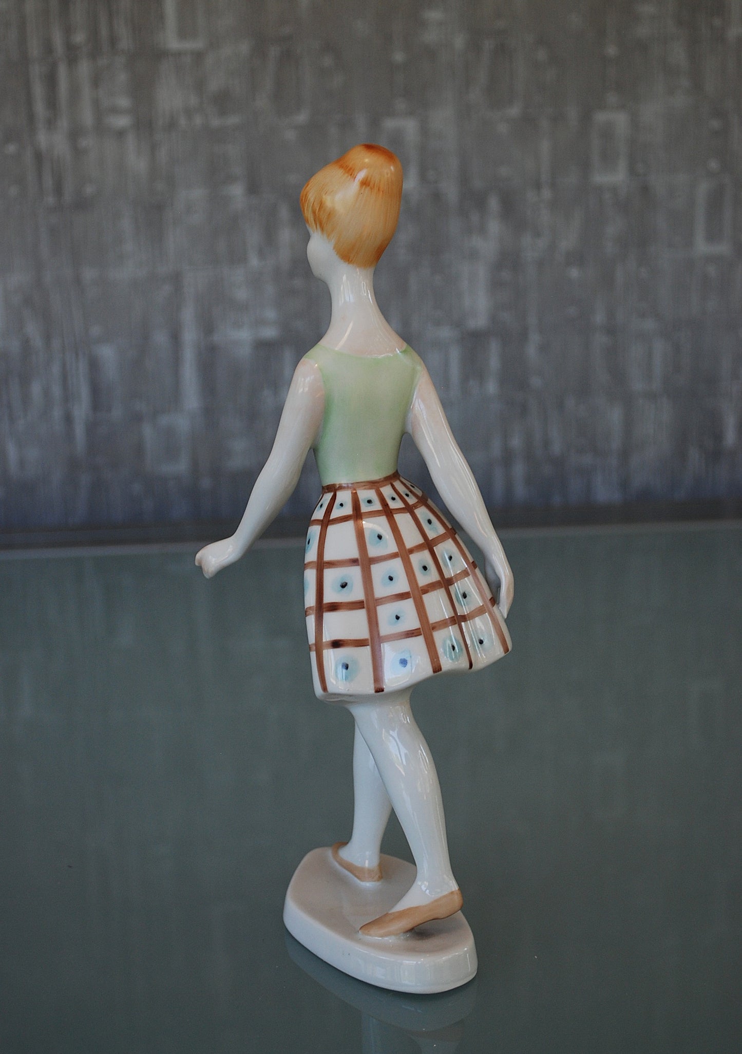 Woman Walking with Blue Polka Dot Dress *