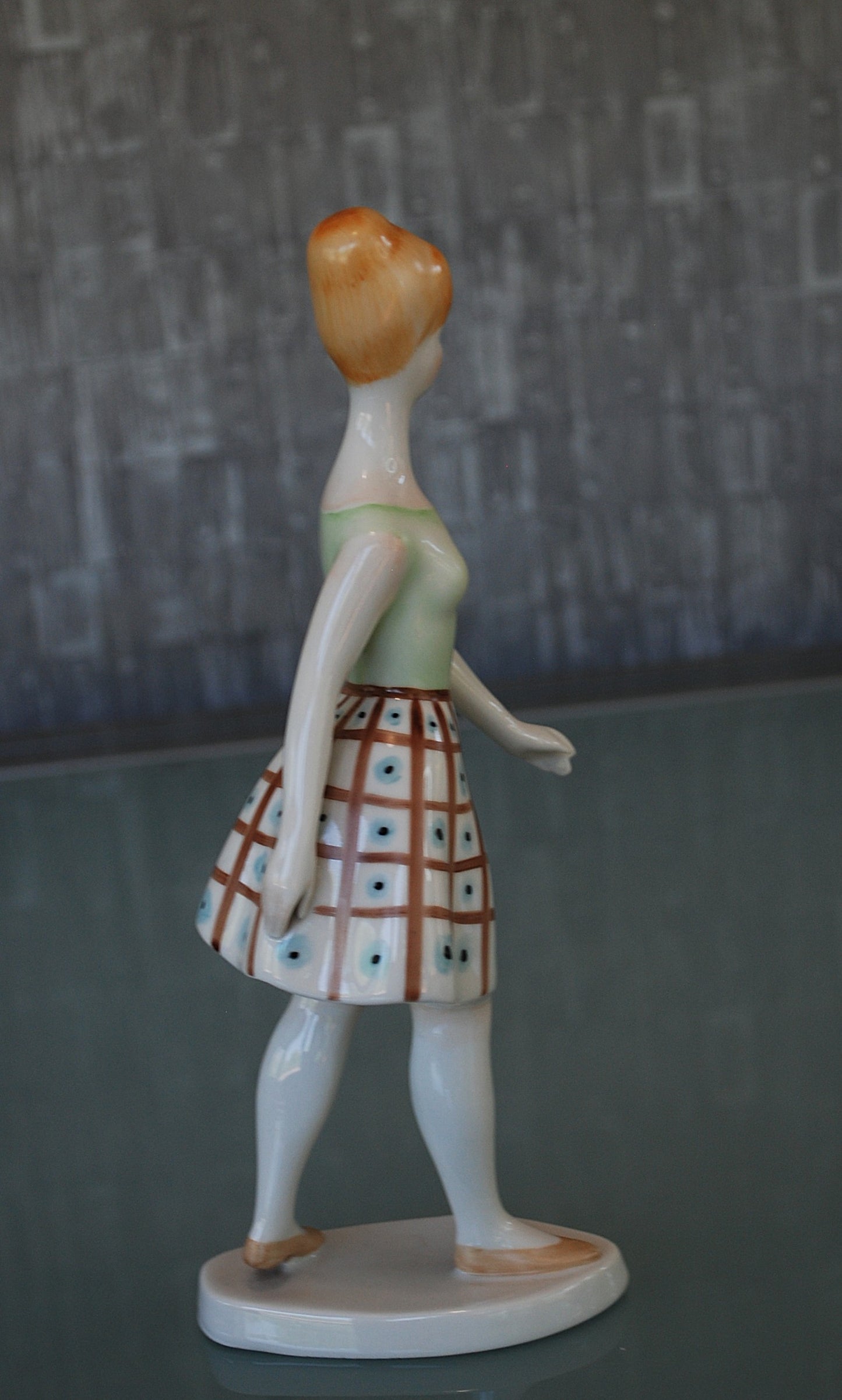Woman Walking with Blue Polka Dot Dress *