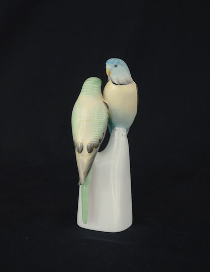 Grasparkiet paar. Vintage porselein vogel