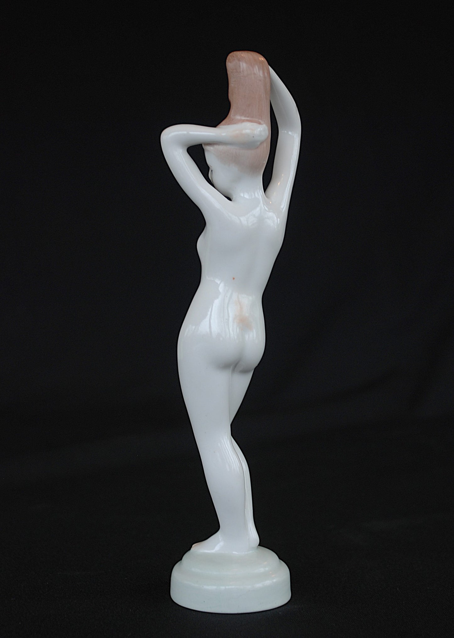 Naakt Vrouw staand met handen in het haar haren. Beeld