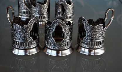 Sovjet Theeglas houders met uitsparing Podstakannik Set van 6