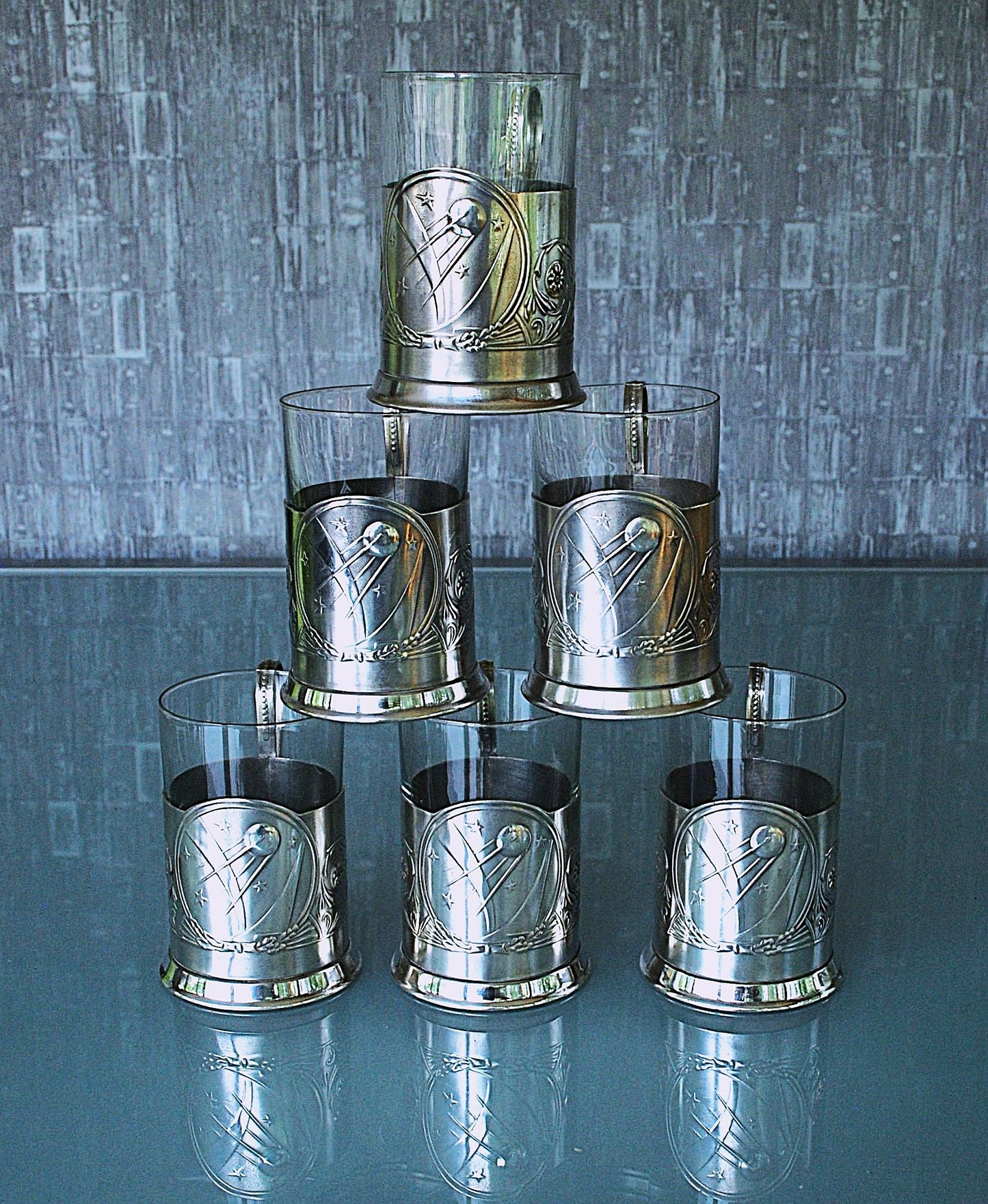 Spoetnik Russisch Theeglas houder Met Glas Compleet set van 6 stuks