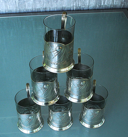 Spoetnik Russisch Theeglas houder Met Glas Compleet set van 6 stuks