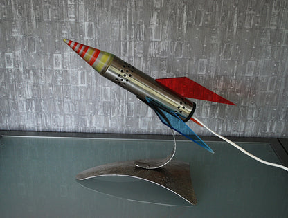 Raket lamp, Rood Geel Blauw van RVS 1970's Space age, hand gemaakt