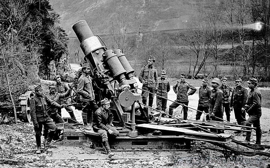 WW1 Cannon Brass Fat Bertha / Slim Emma on Marble Base + Scale